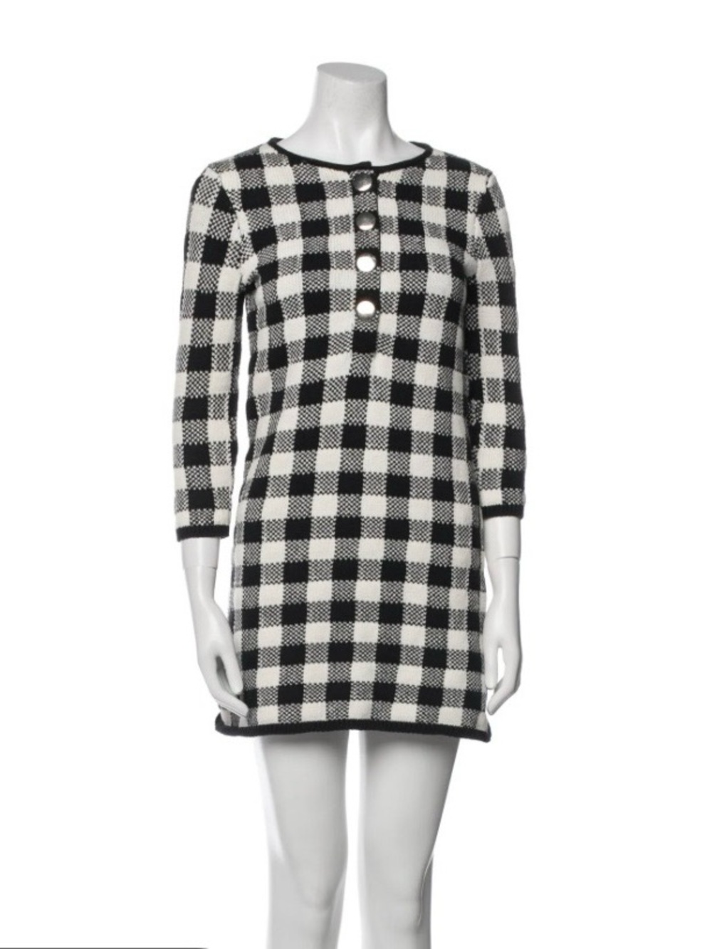 Maje size 1 Black & White Check Knit Dress with Button Detail mini long sleeve